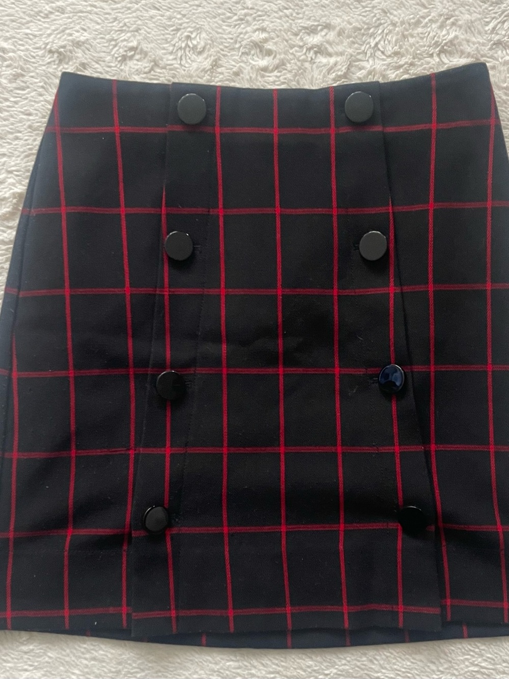 LOFT Black Mini Skirt with Red Windowpane Plaid and Double Button Front